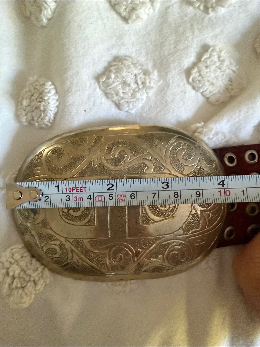Brown Eyelet Leather Belt with Ornate Silver Buckle. - Picture 9 of 9